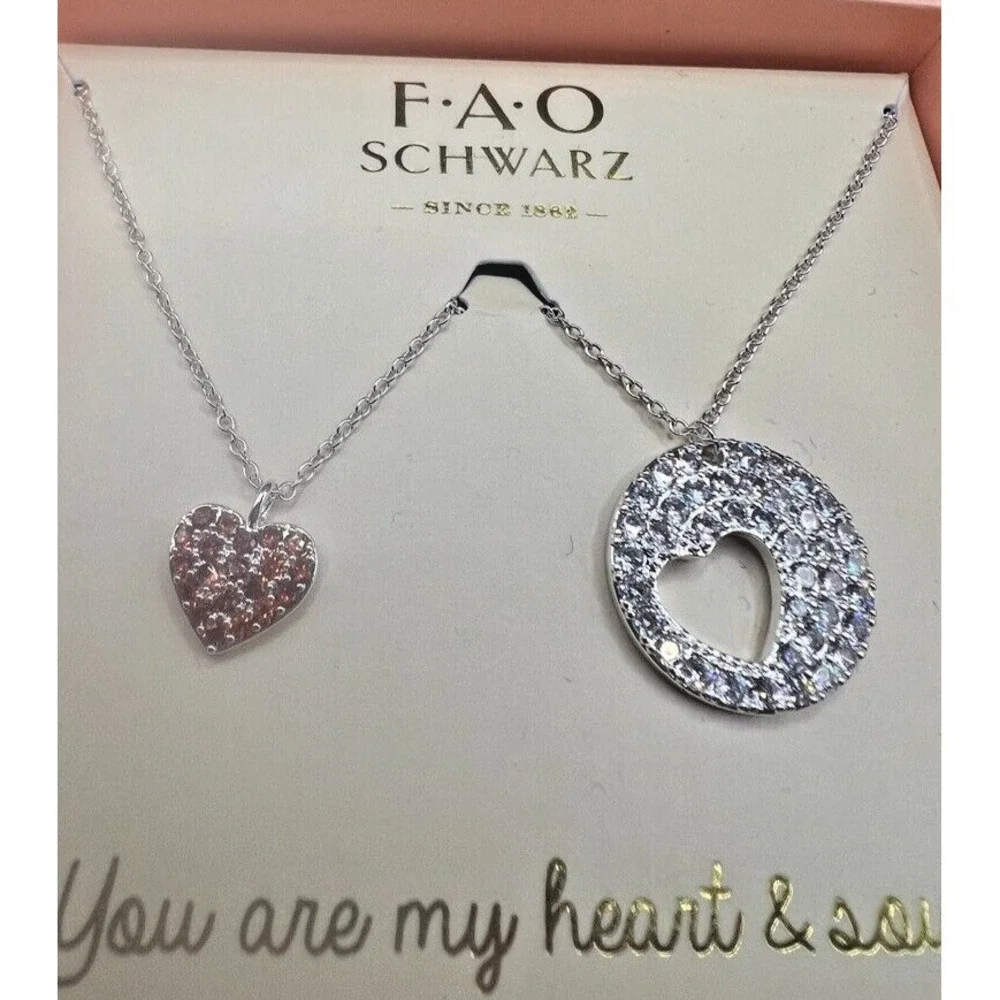 FAO Schwarz Mother Daughter Heart & Soul Necklace Set Fine Silver‎ Plate CZ New